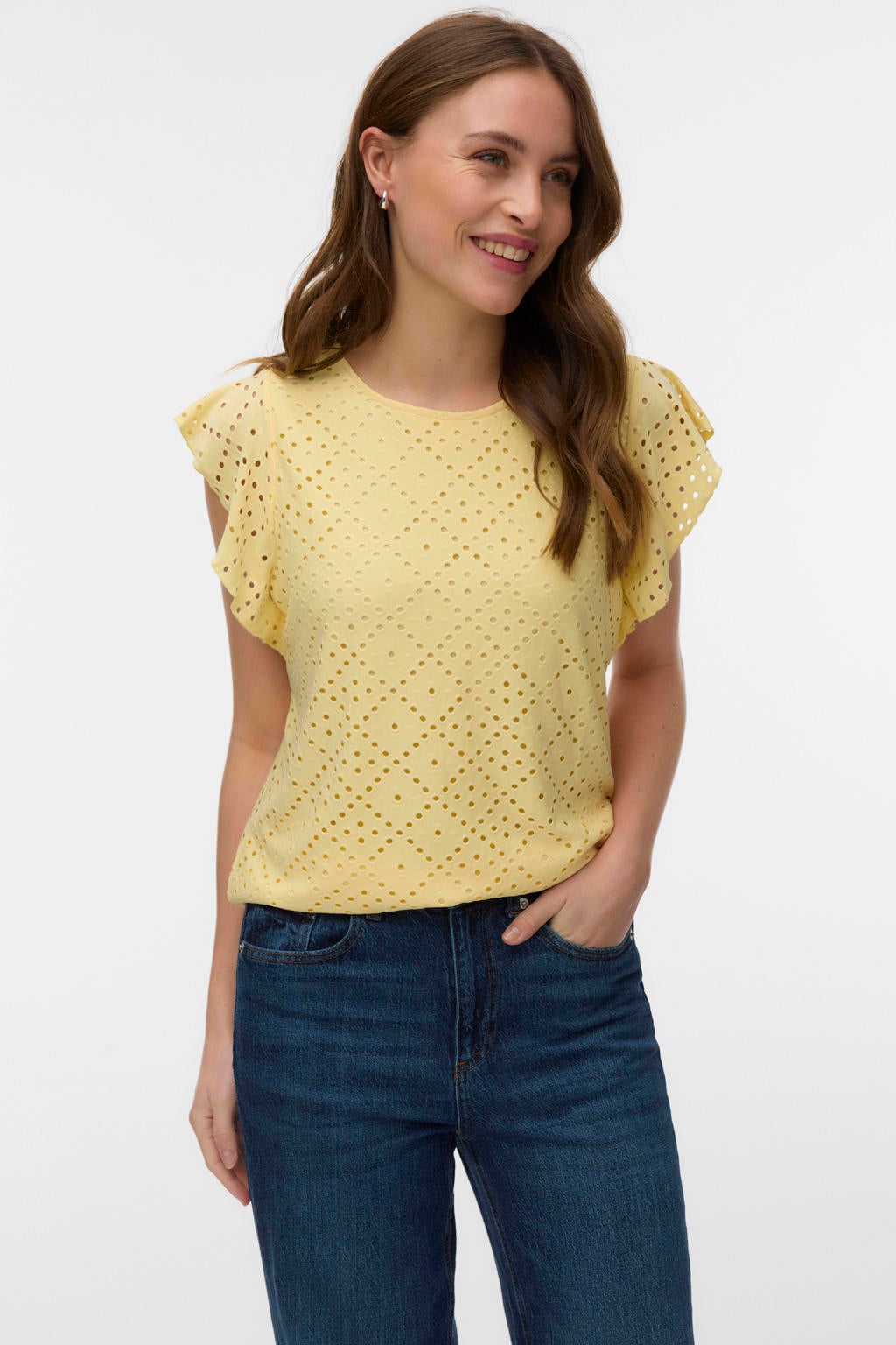 Lichtgele dames VERO MODA top broderie van polyester met effen, korte mouwen en ronde hals