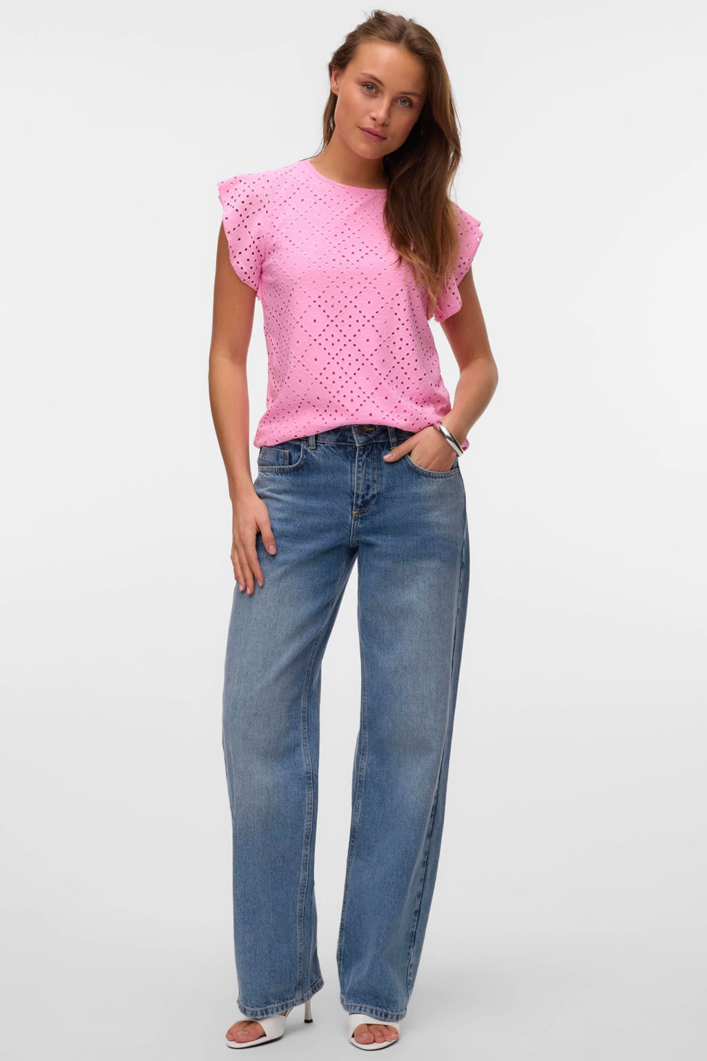 Roze dames VERO MODA top broderie van polyester met effen, korte mouwen en ronde hals