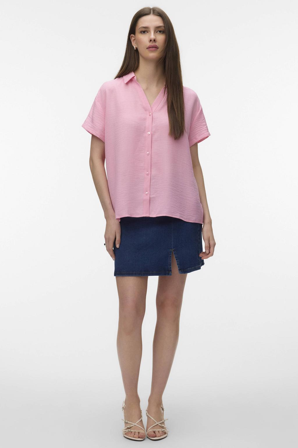Roze dames VERO MODA blouse van polyester met effen, korte mouwen, klassieke kraag, knoopsluiting en geweven detail