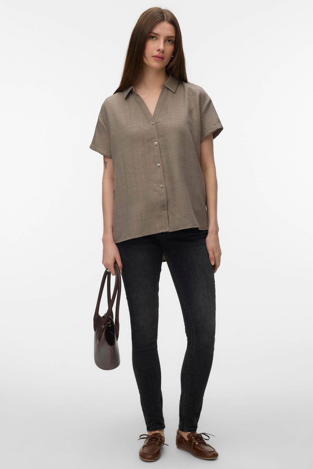 Grijze dames VERO MODA blouse van polyester met effen, korte mouwen, klassieke kraag, knoopsluiting en geweven detail