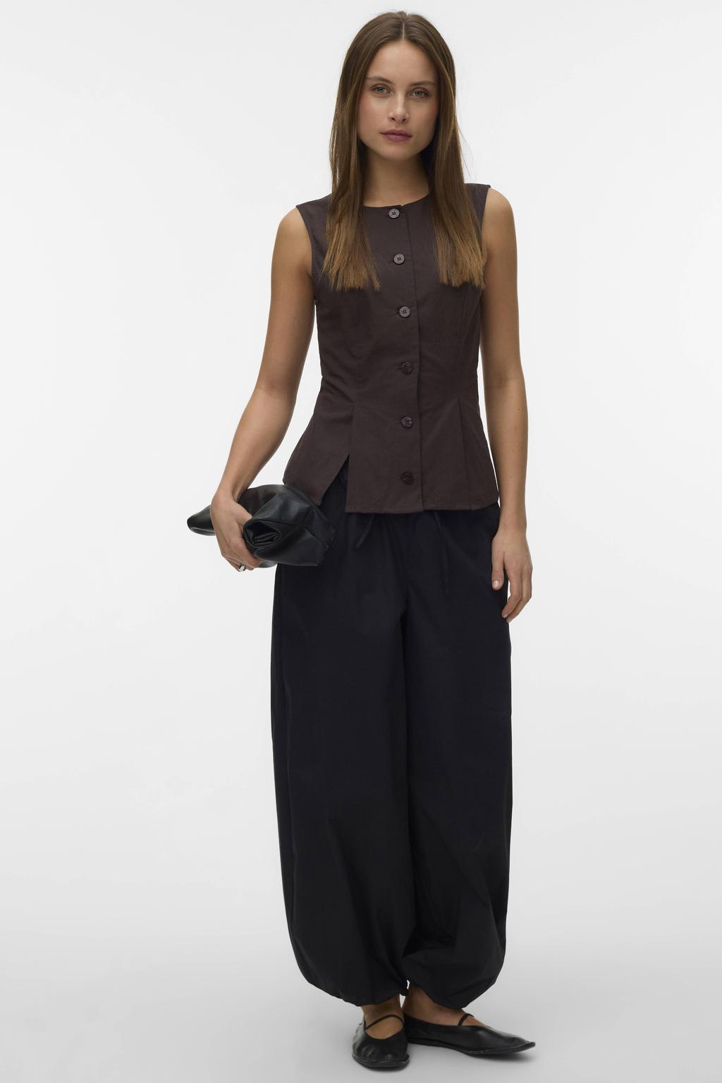 Donkerblauwe dames VERO MODA gilet van katoen met effen, reverskraag, knoopsluiting en geweven detail