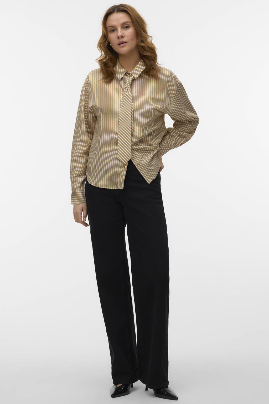 Lichtbruin en witte dames VERO MODA gestreepte blouse van polyester met lange mouwen, klassieke kraag en knoopsluiting