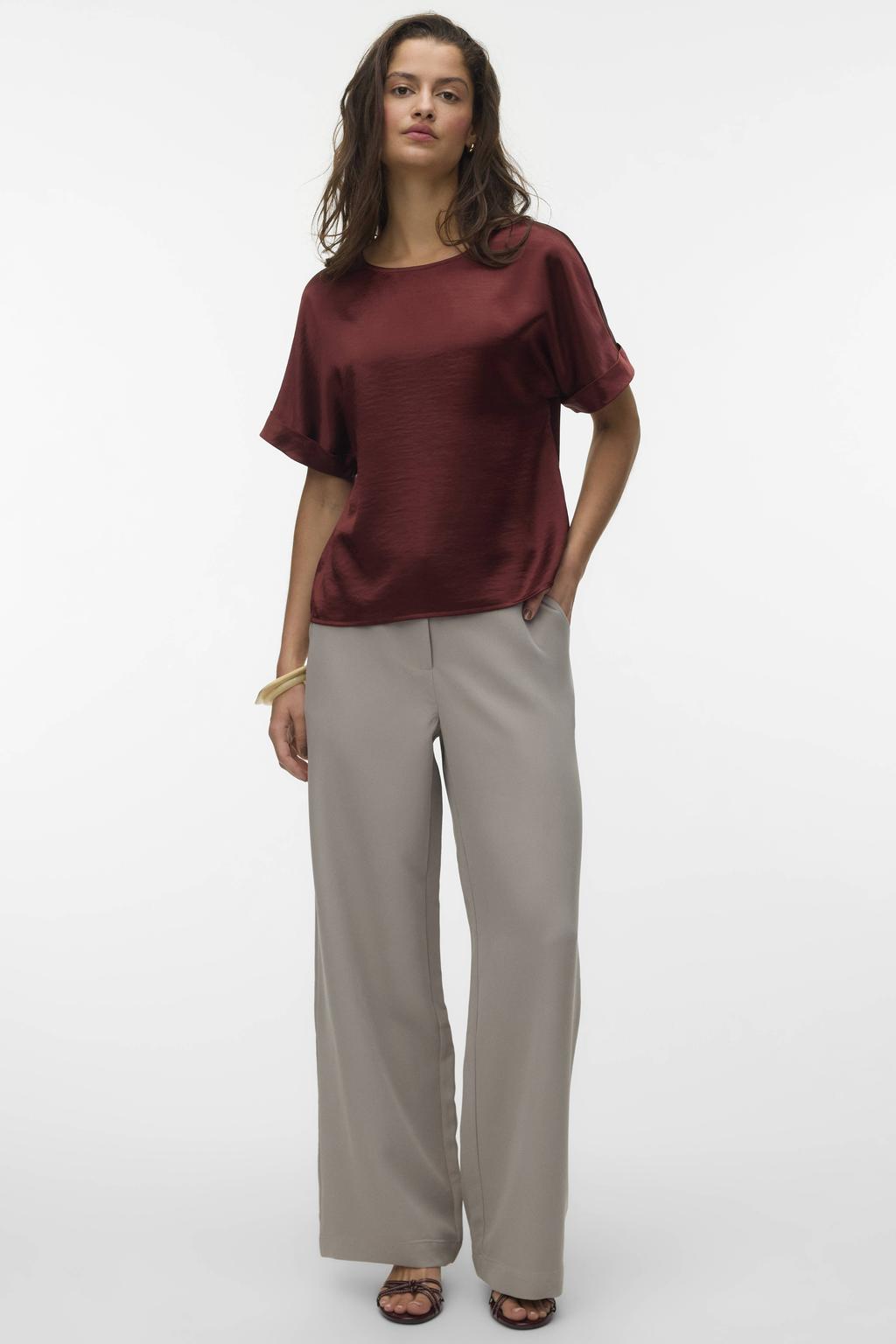 Taupe dames VERO MODA wide leg high waist casual broek met rits- en knoopsluiting en effen