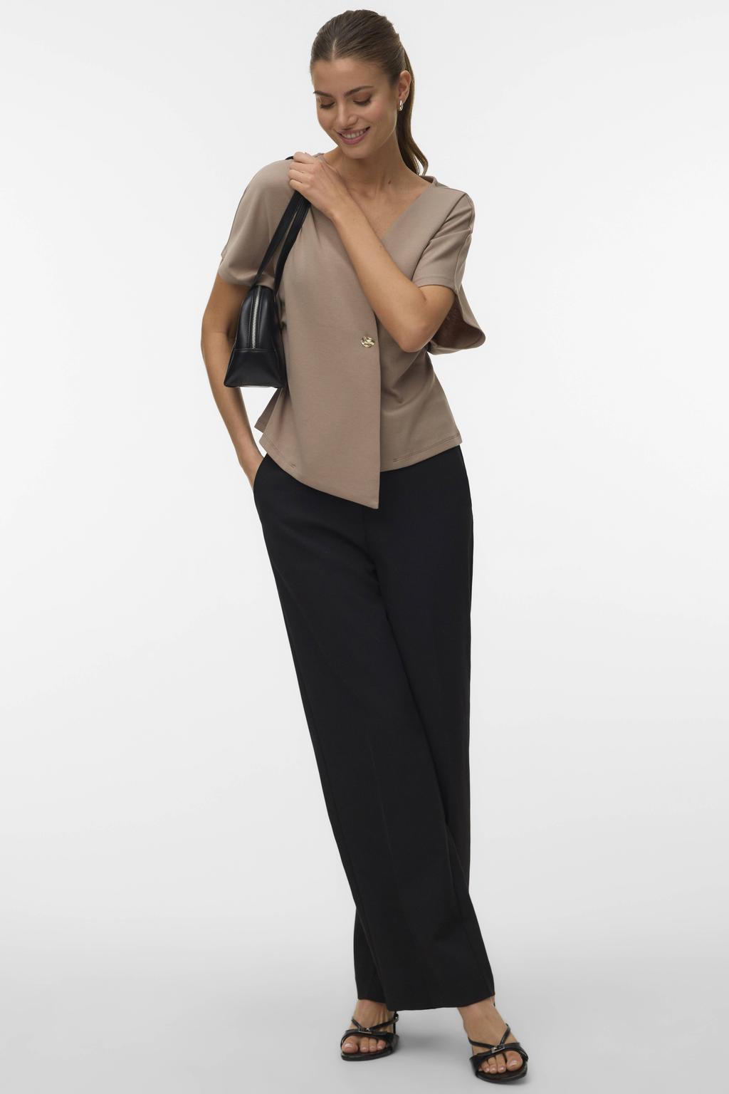 Taupe dames VERO MODA top van polyester met effen, korte mouwen, V-hals en pailletten