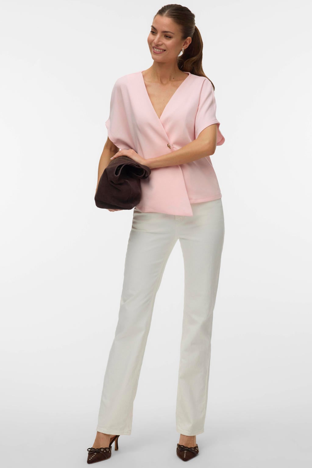 Lichtroze dames VERO MODA top van polyester met effen, korte mouwen, V-hals en pailletten