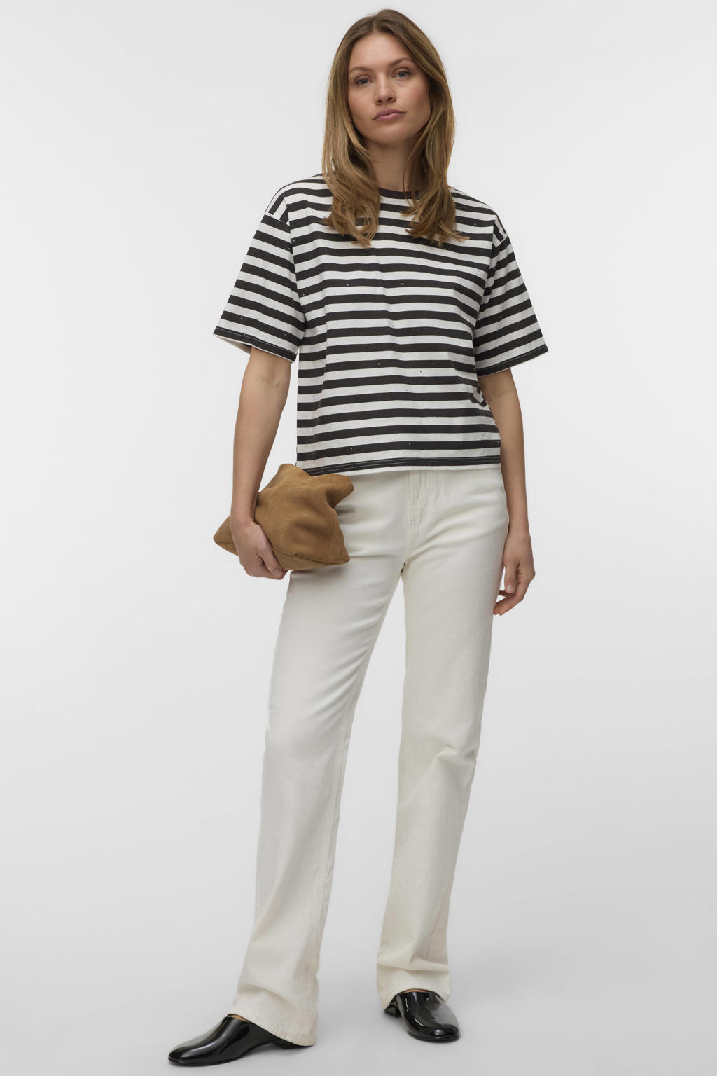 Donkerbruin en ecru dames VERO MODA T-shirt van katoen met strepenprint, korte mouwen, ronde hals en strass steentjes