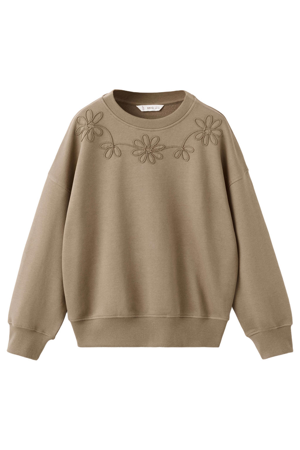 Bruine meisjes Mango Kids sweater met effen, lange mouwen, ronde hals en borduursels