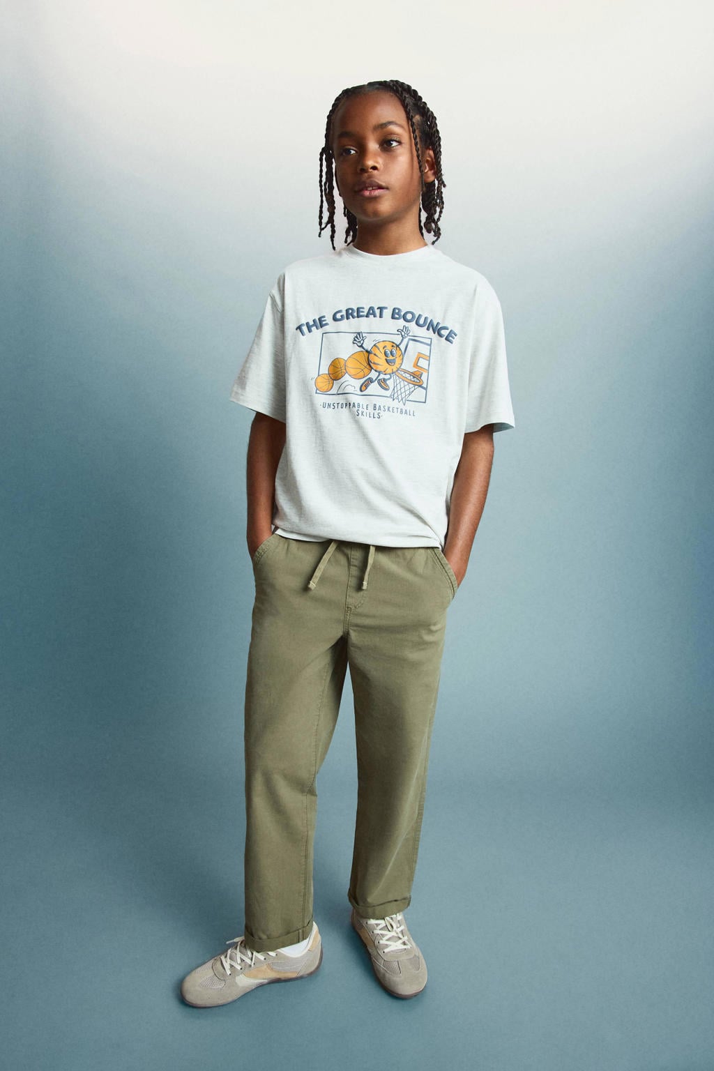 Kakikleurige jongens Mango Kids regular casual broek van stretchkatoen met elastische tailleband met koord en effen