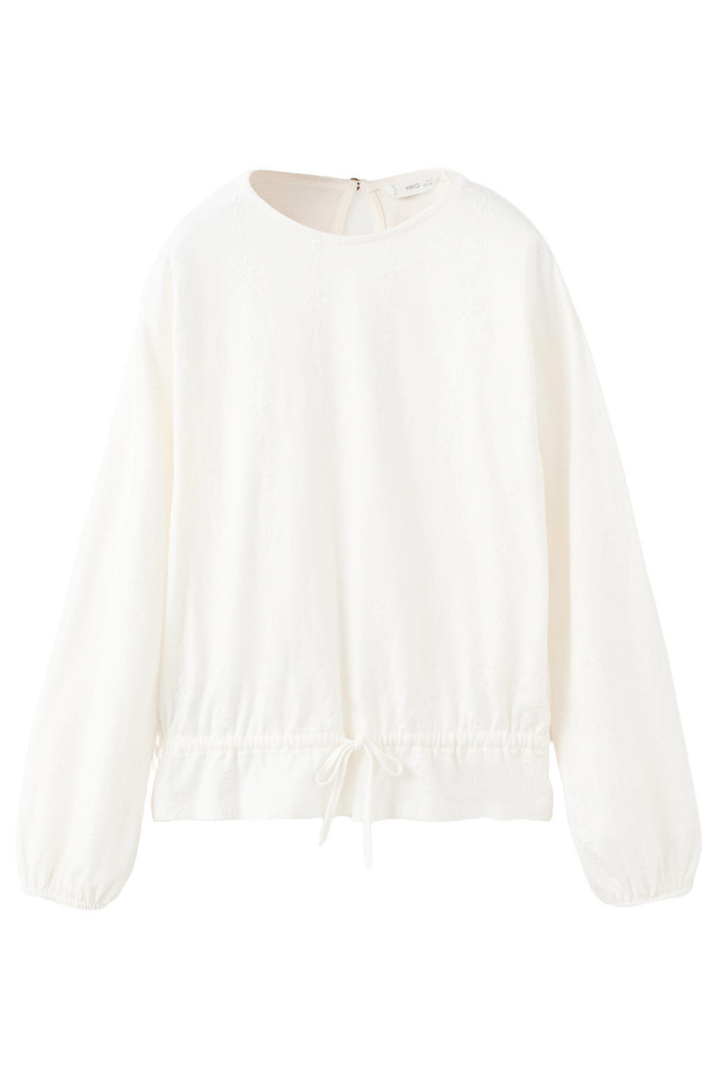 Witte meisjes Mango Kids blousetop van katoen met effen, lange mouwen, ronde hals en elastische boord