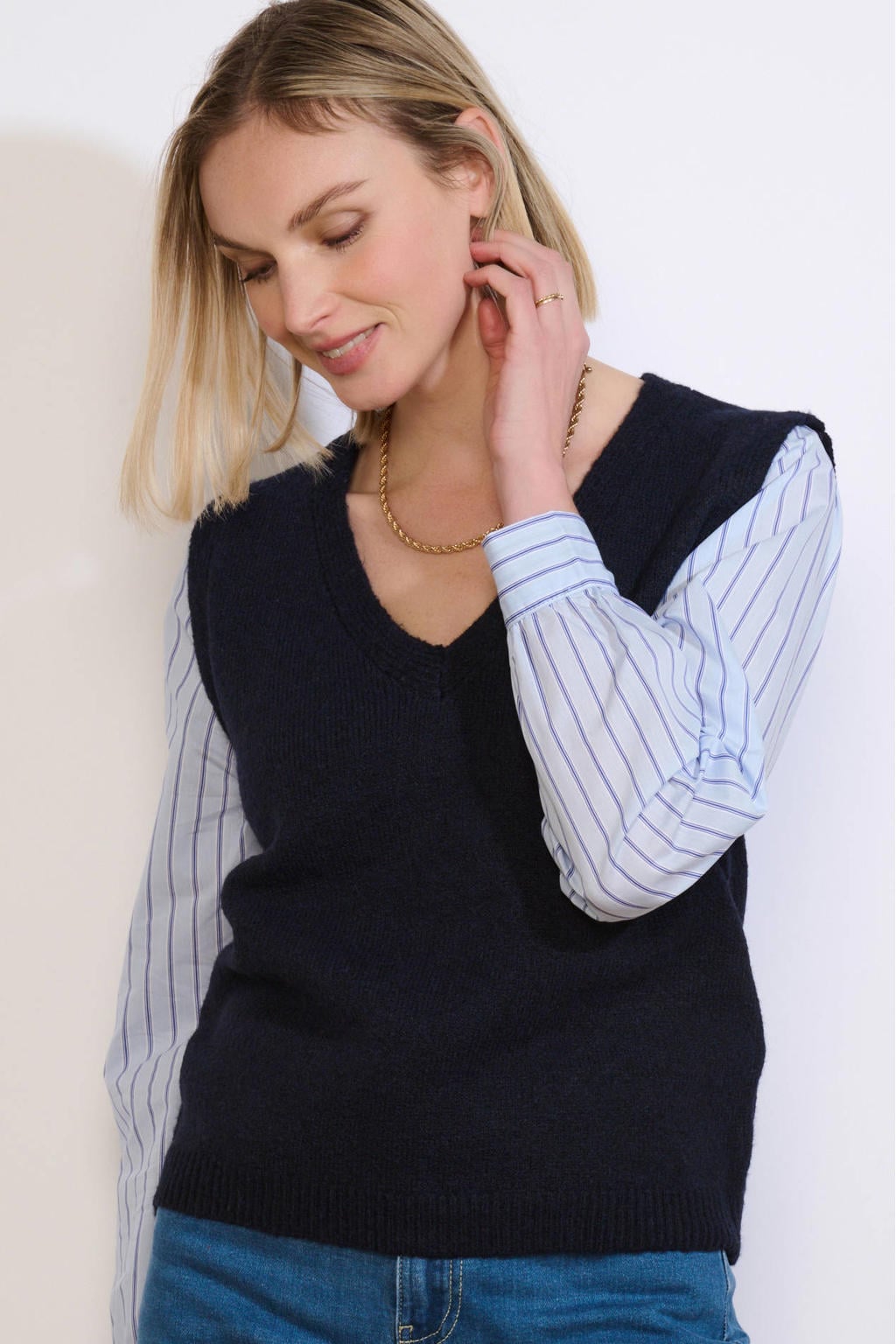 Donkerblauwe dames LOLALIZA gestreepte top van polyester met lange mouwen en V-hals