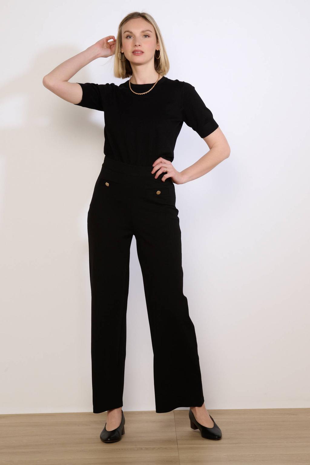 Zwarte dames LOLALIZA straight high waist cropped broek van viscose met elastische tailleband en effen