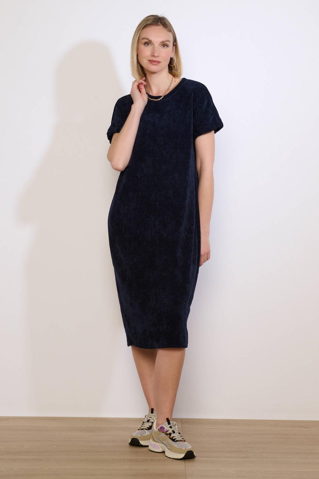 Donkerblauwe dames LOLALIZA midi jurk van polyester met effen, korte mouwen en ronde hals