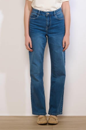 high waist straight leg jeans medium blue denim