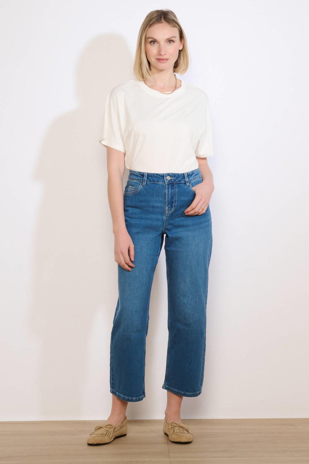 Light blue denim dames LOLALIZA high waist straight leg jeans van denim met rits- en knoopsluiting en effen