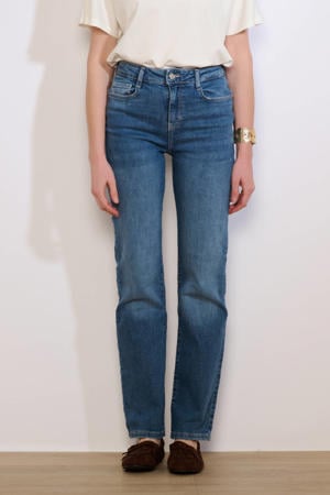 high waist straight leg jeans dark blue denim
