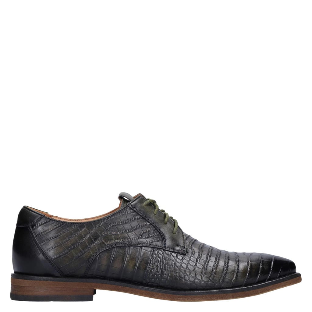 Donkergroene heren Manfield leren veterschoenen met crocoprint