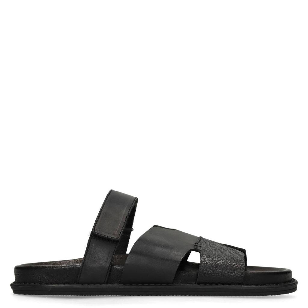Zwarte heren Manfield leren slippers met klittenband