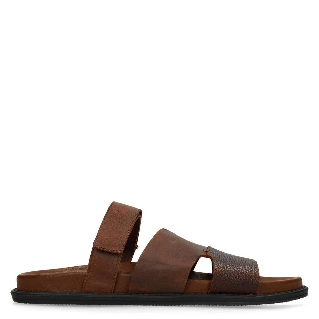 Cognackleurige heren Manfield leren slippers met klittenband