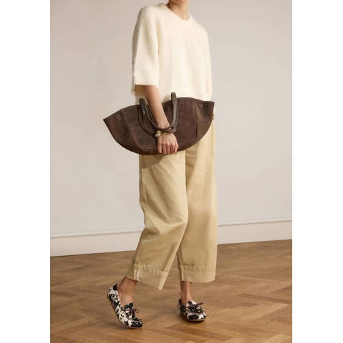 Manfield leren loafers met ponyhair en koeienprint bruin/ecru afbeelding