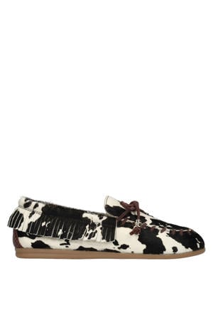 leren loafers met ponyhair en koeienprint bruin/ecru
