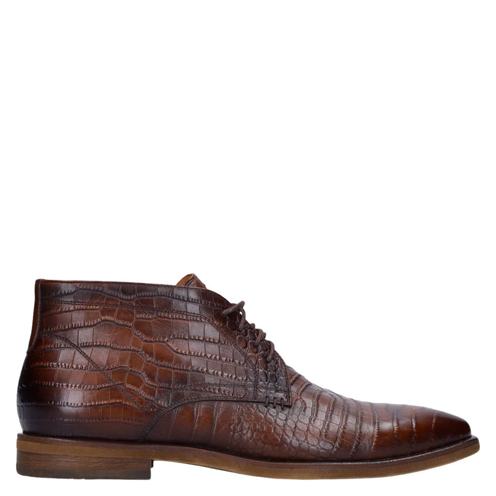 Bruine heren Manfield leren veterschoenen met crocoprint