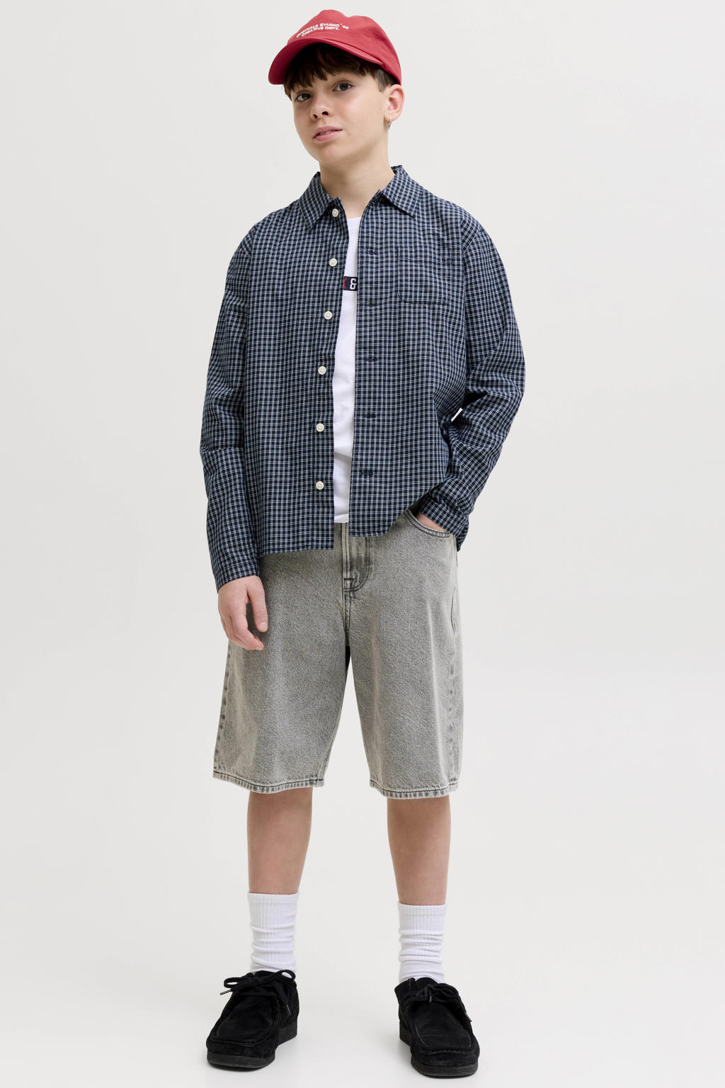 Grey denim jongens JACK & JONES JUNIOR short van denim met loose fit, high waist, rits- en knoopsluiting en effen
