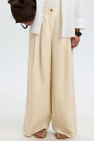 wide leg regular waist casual broek met linnen beige