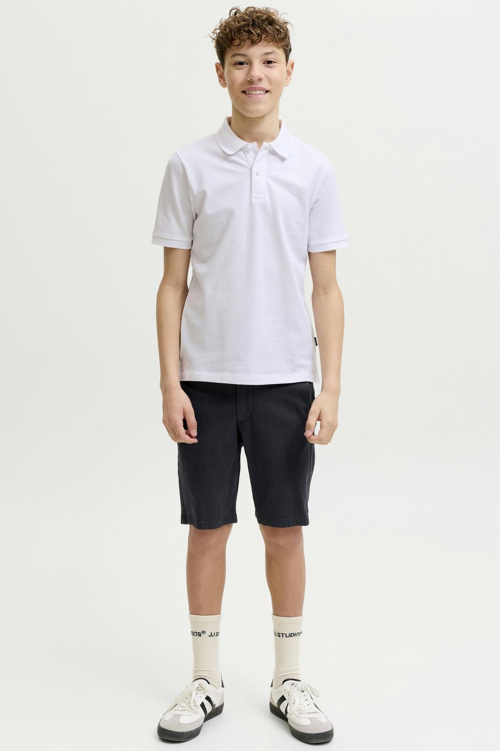 Donkerblauwe jongens JACK & JONES JUNIOR chino short van stretchkatoen met rits- en knoopsluiting en effen