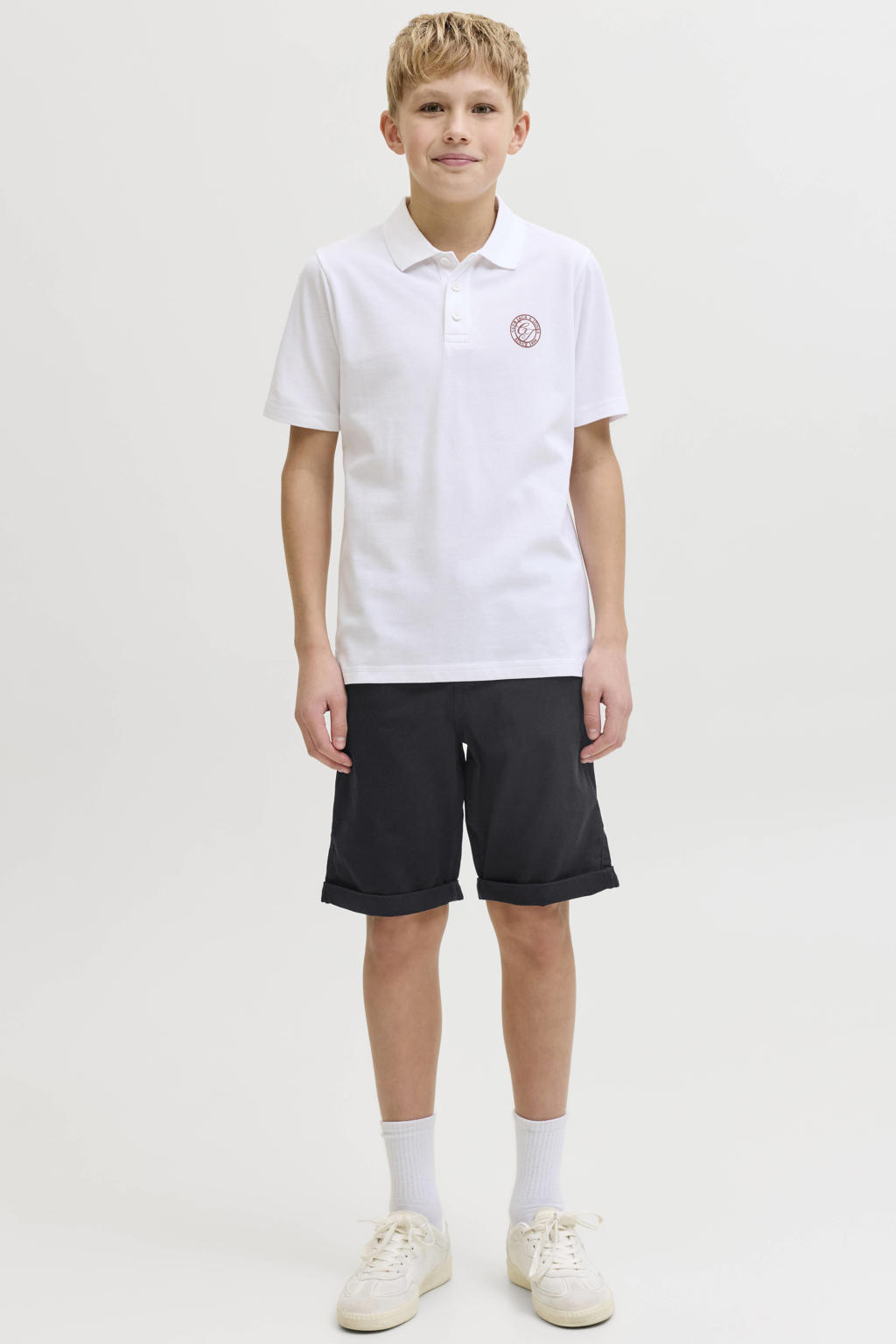 Zwarte jongens JACK & JONES JUNIOR bermuda short van stretchkatoen met rits- en knoopsluiting en effen