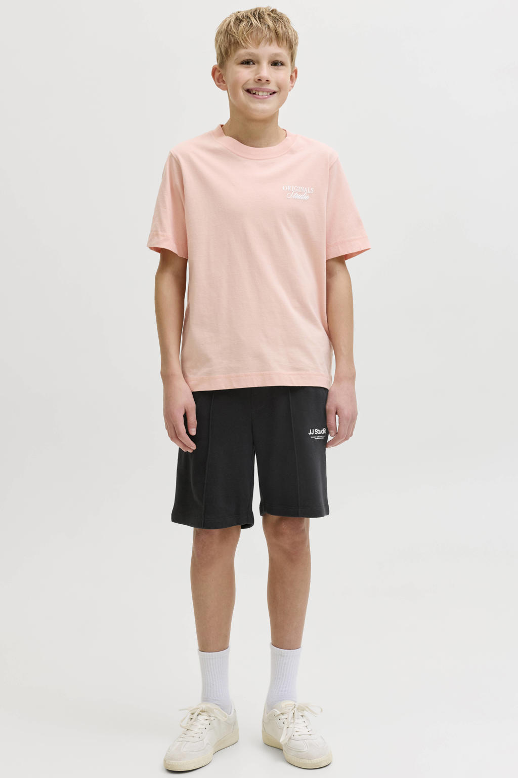 Zwarte jongens JACK & JONES JUNIOR sweatshort met elastische tailleband met koord en logo dessin