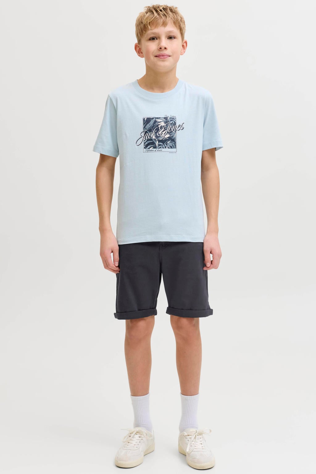 Donkerblauwe jongens JACK & JONES JUNIOR bermuda short van stretchkatoen met rits- en knoopsluiting en effen