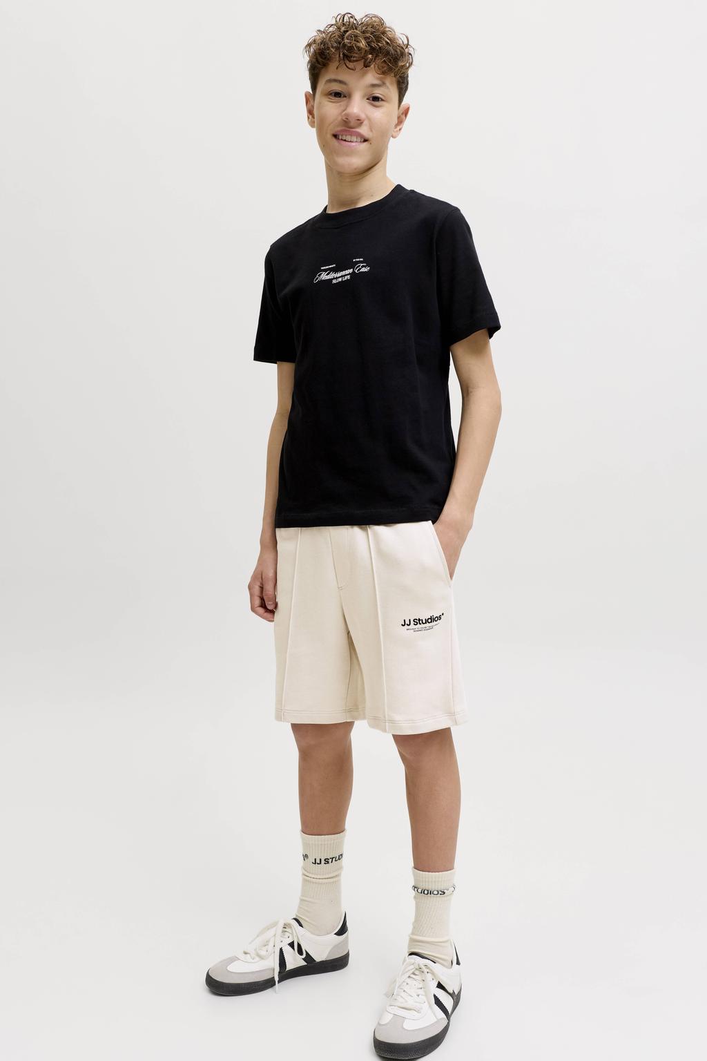 Beige jongens JACK & JONES JUNIOR sweatshort met elastische tailleband met koord en logo dessin