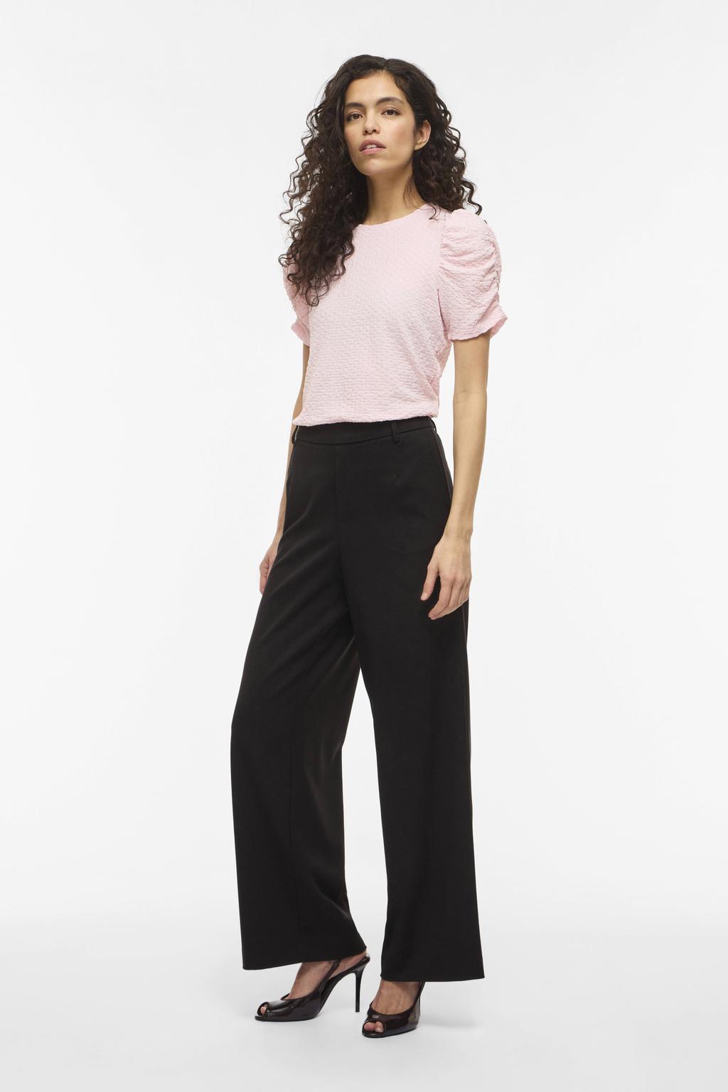 Lichtroze dames VILA top van polyester met effen, korte mouwen, ronde hals en plooien