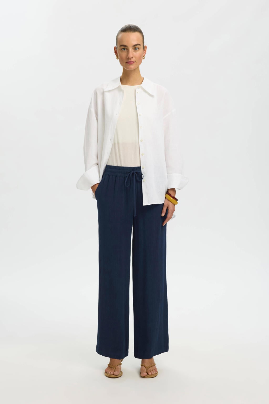 Donkerblauwe dames Selected straight high waist casual broek van linnen met elastische tailleband met koord en effen