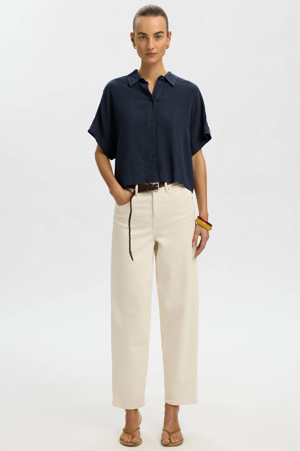 Donkerblauwe dames Selected blouse van viscose met effen, korte mouwen, klassieke kraag en knoopsluiting