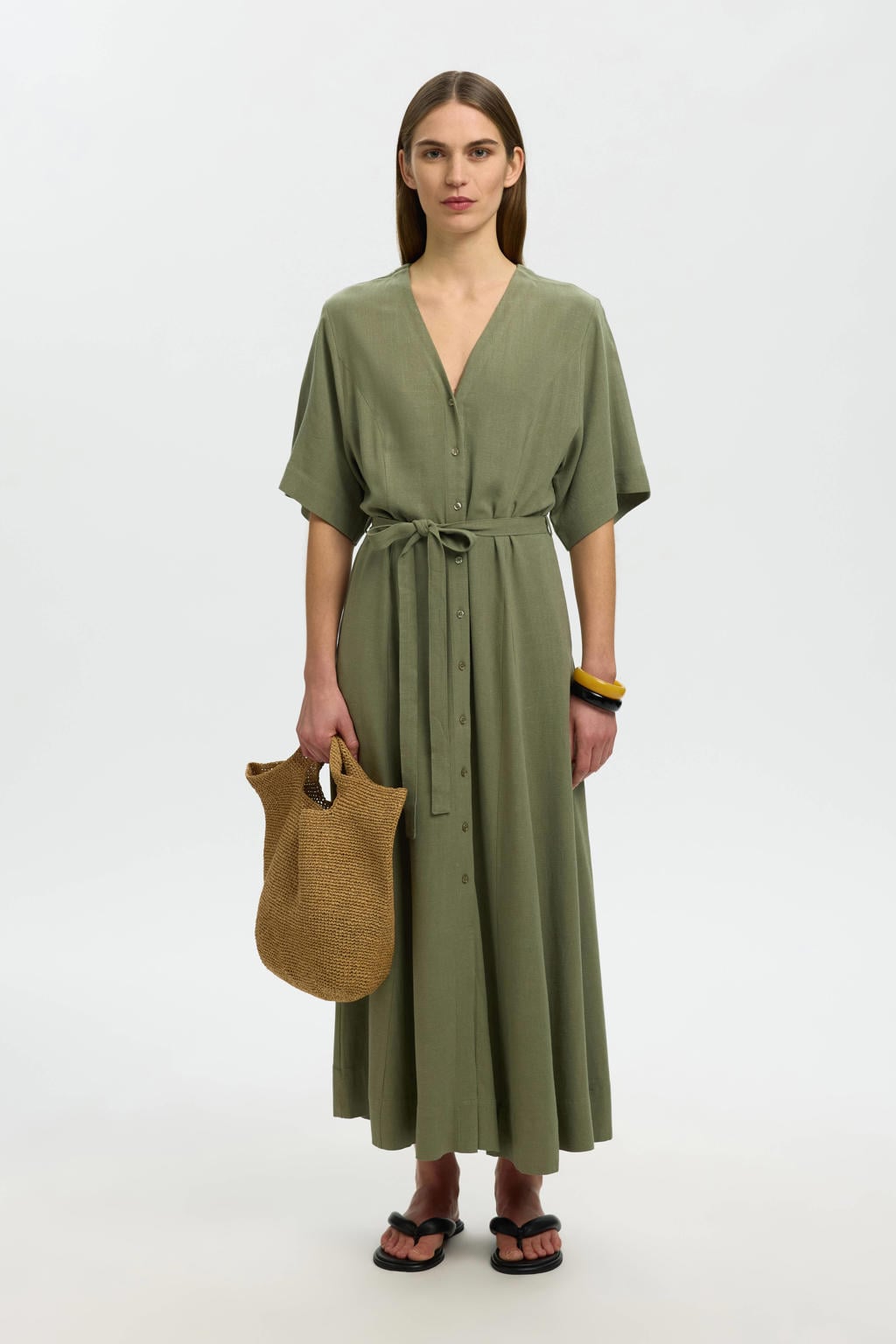 Groene dames Selected blousejurk van viscose met effen, half lange mouwen, V-hals, knoopsluiting en ceintuur