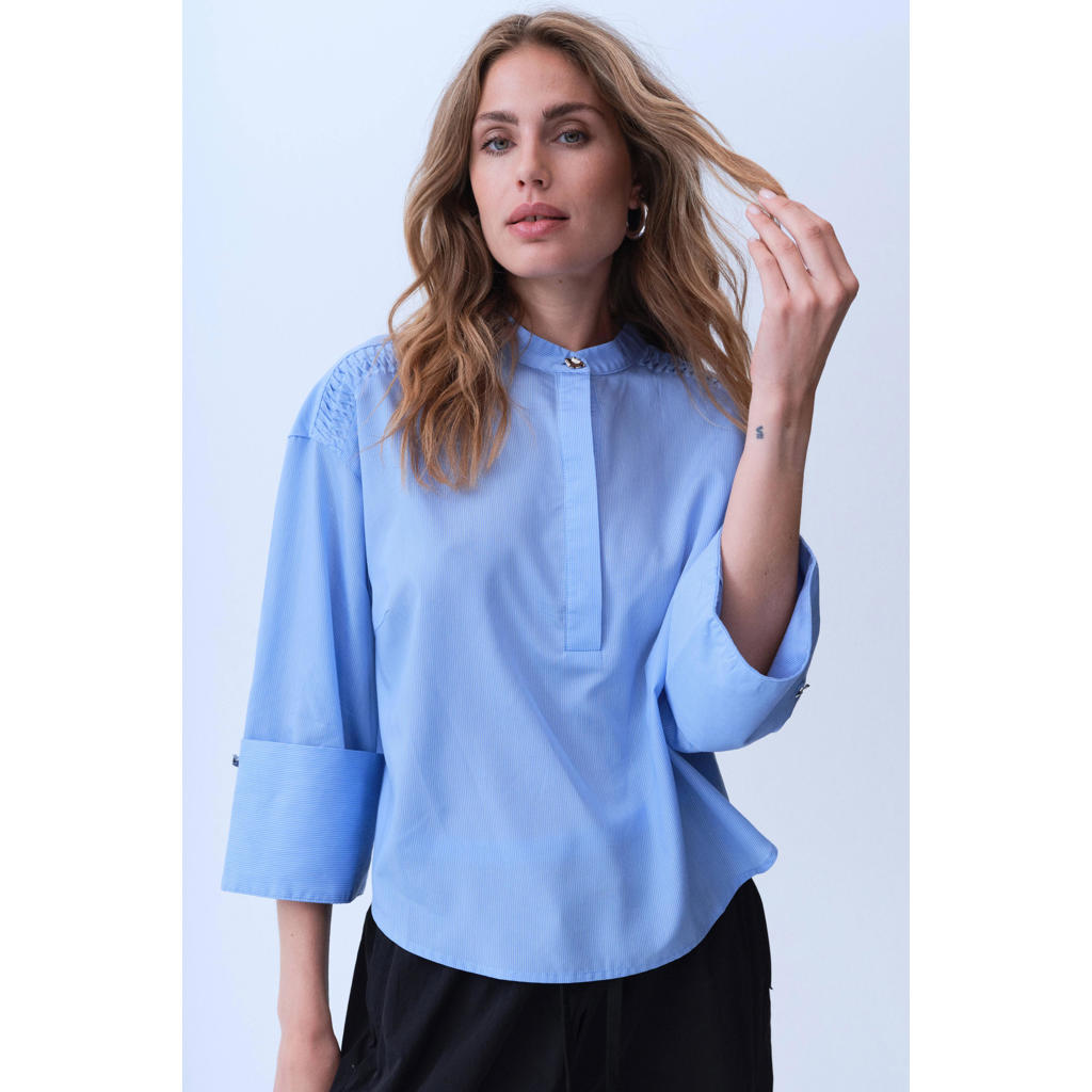 Blauwe dames Gossia blouse van viscose met effen, lange mouwen, klassieke kraag en knoopsluiting