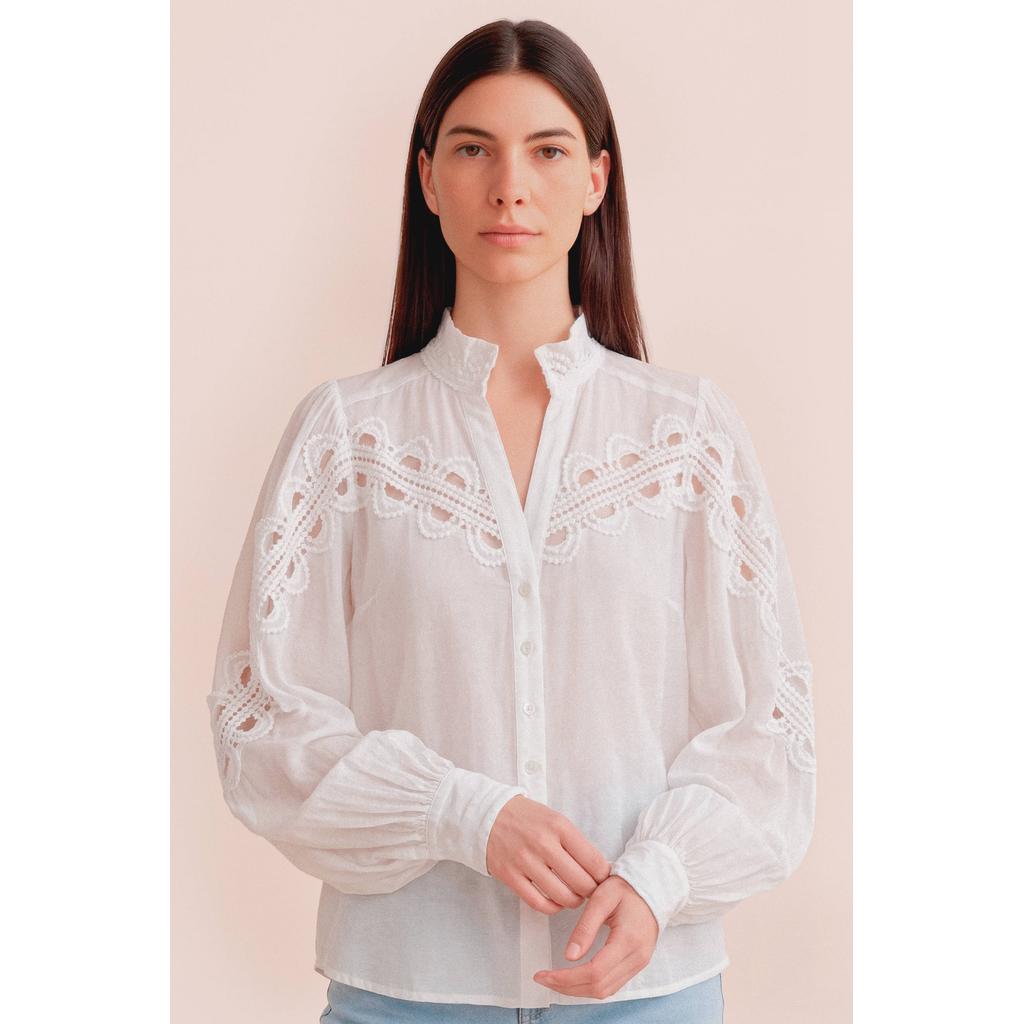 Witte dames Gossia blouse broderie van polyester met effen, lange mouwen, klassieke kraag en knoopsluiting