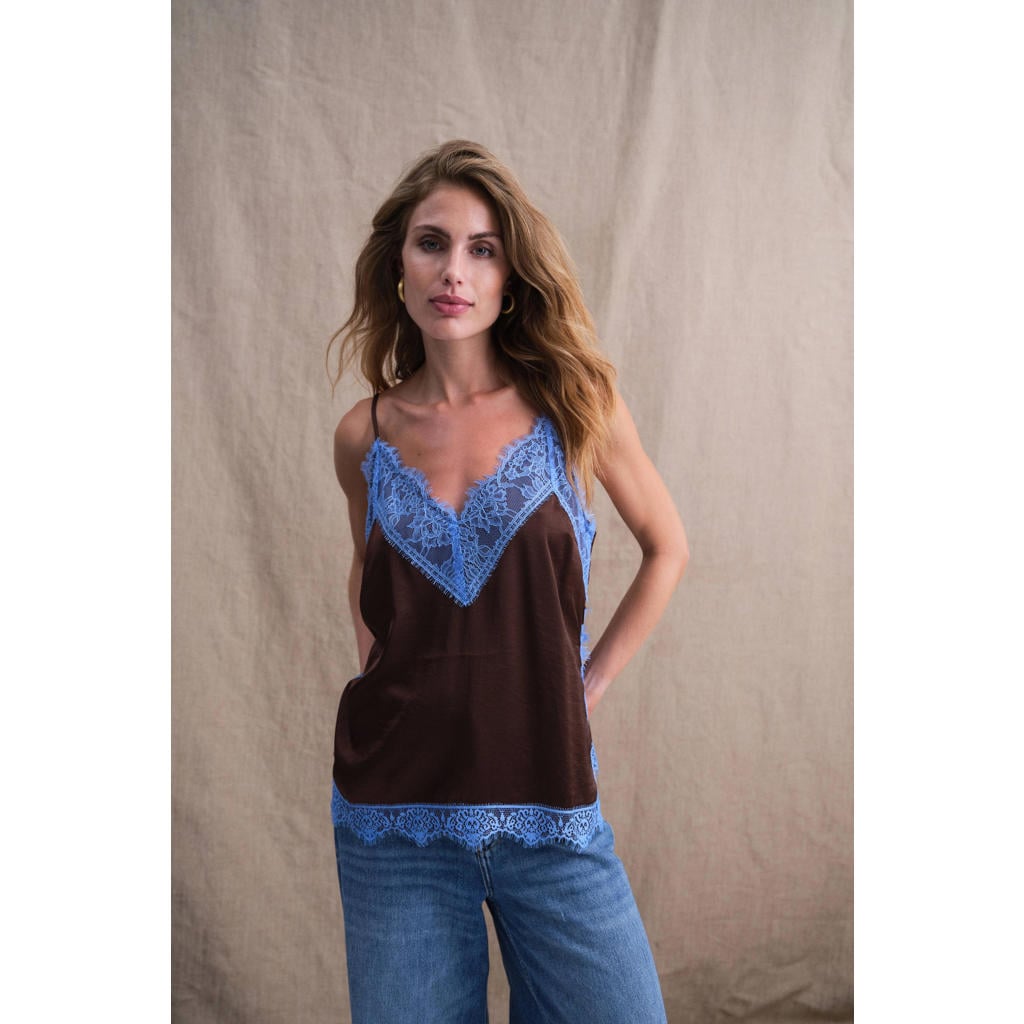 Bruin en blauwe dames Gossia top van polyester met effen, V-hals en kant