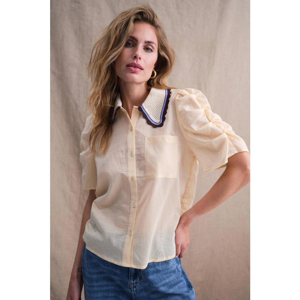 Lichtgele dames Gossia blouse van katoen met effen, korte mouwen, klassieke kraag en knoopsluiting
