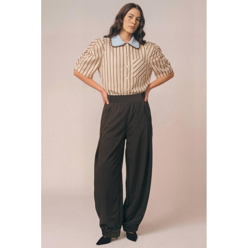 Donkerrode dames Gossia high waist broek van polyamide met loose fit, elastische tailleband en effen