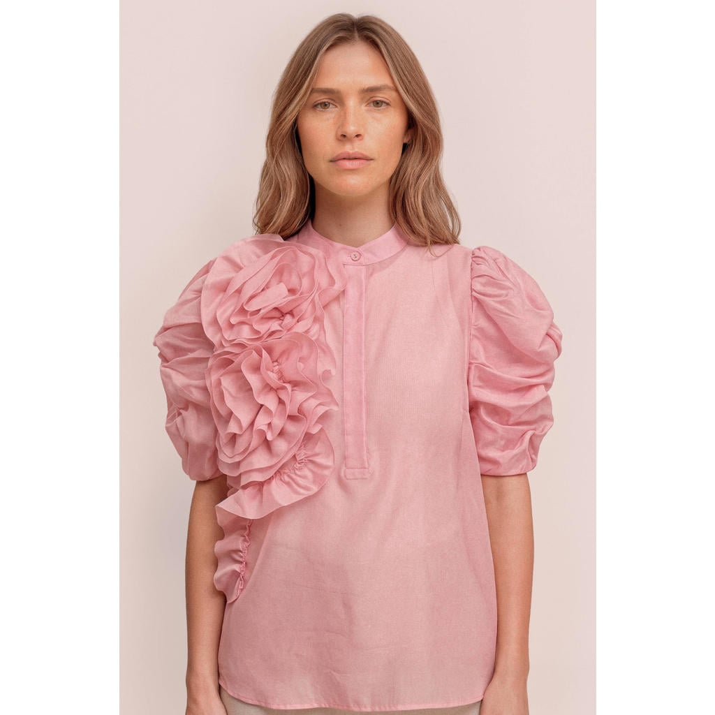 Roze dames Gossia blousetop van lyocell met effen, korte mouwen, opstaande kraag, knoopsluiting en 3D applicatie