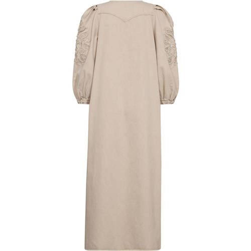 Gossia denim maxi jurk met borduursels en pofmouwen beige afbeelding