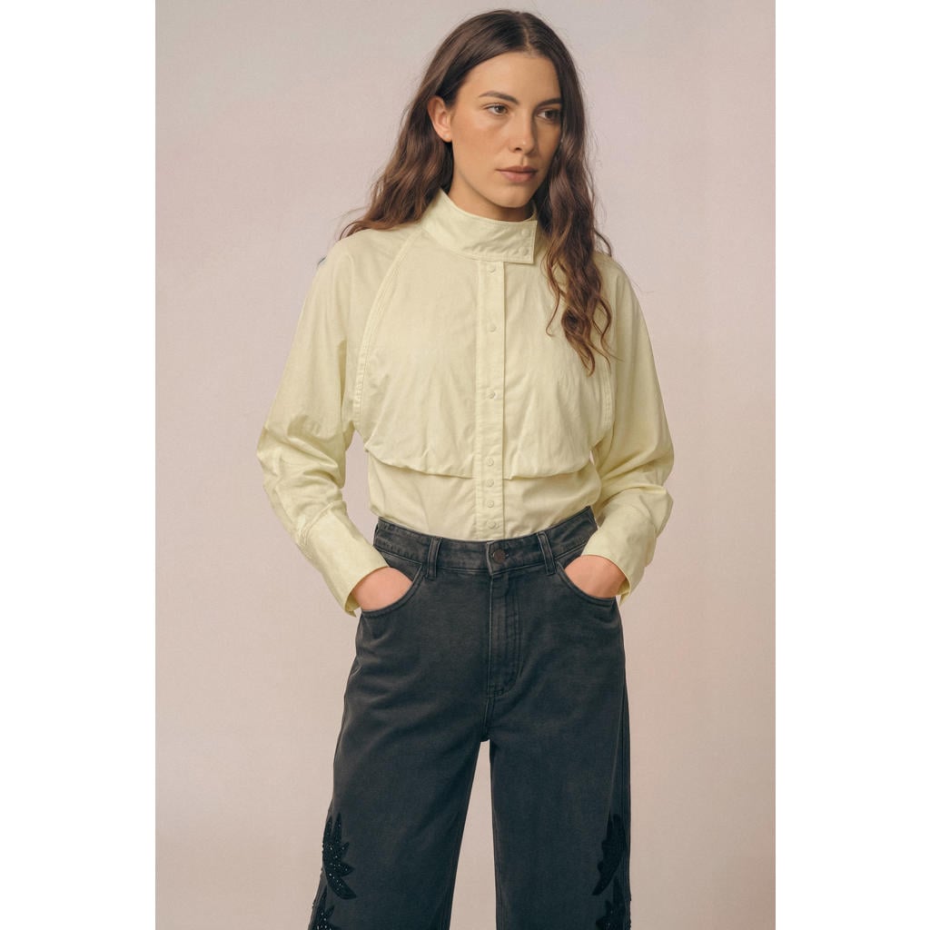 Lichtgele dames Gossia blouse van katoen met effen, lange mouwen, opstaande kraag en knoopsluiting
