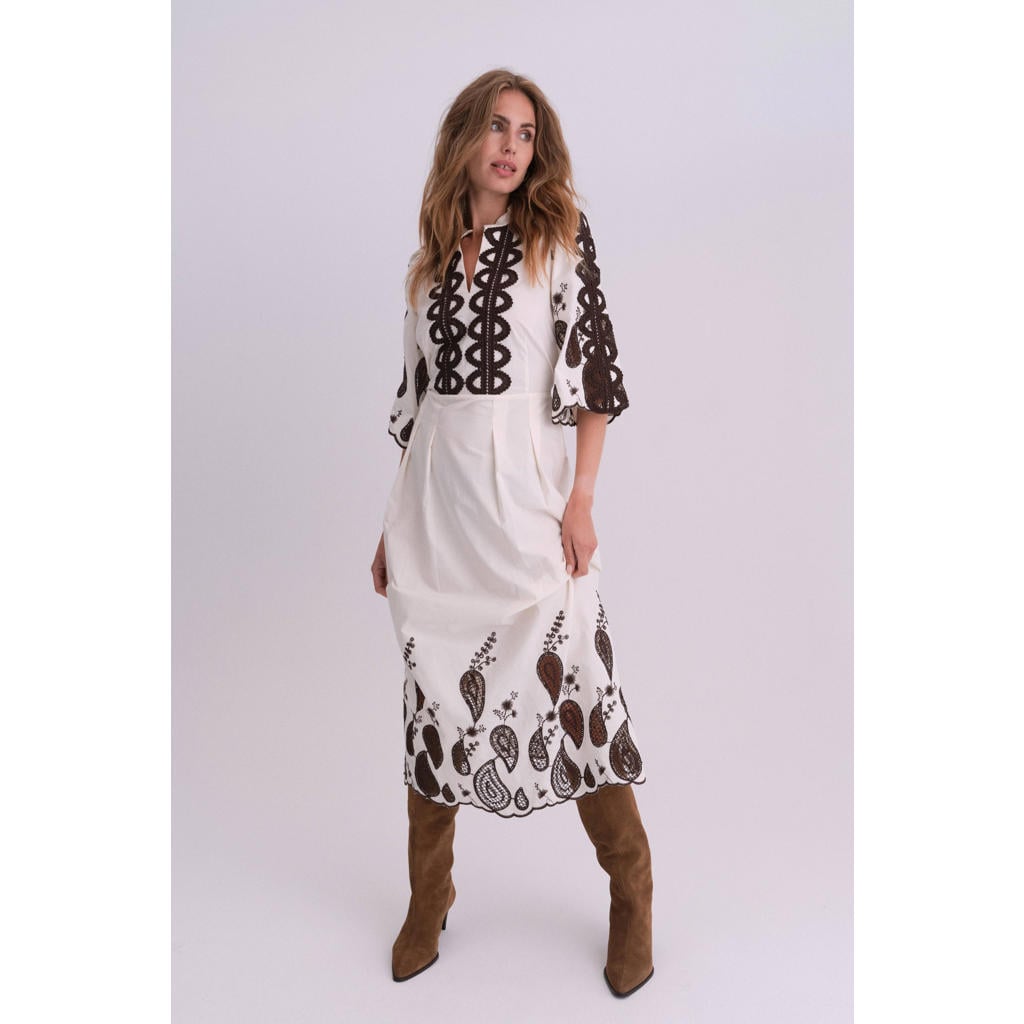 Ecru en zwarte dames Gossia blousejurk broderie van katoen met half lange mouwen en V-hals