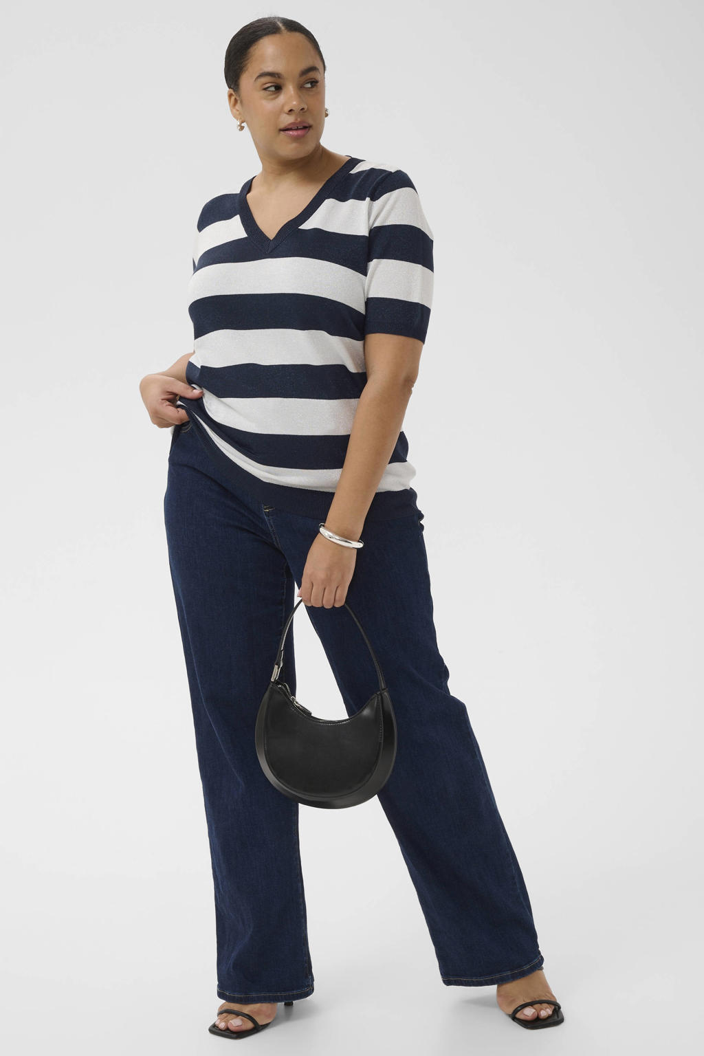 Kaffe Curve gestreepte top met glitter donkerblauw