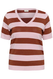 thumbnail: Lichtroze en koraalrode dames Kaffe Curve gestreepte top van viscose met korte mouwen, V-hals en glitters