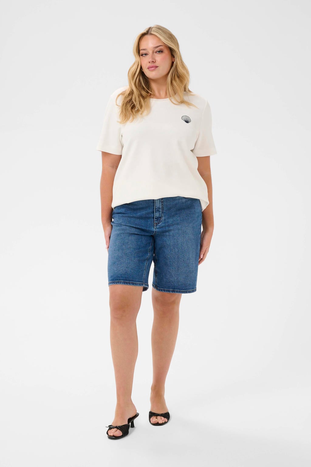 Ecru en zwarte dames Kaffe Curve T-shirt van polyester met printopdruk, korte mouwen en ronde hals