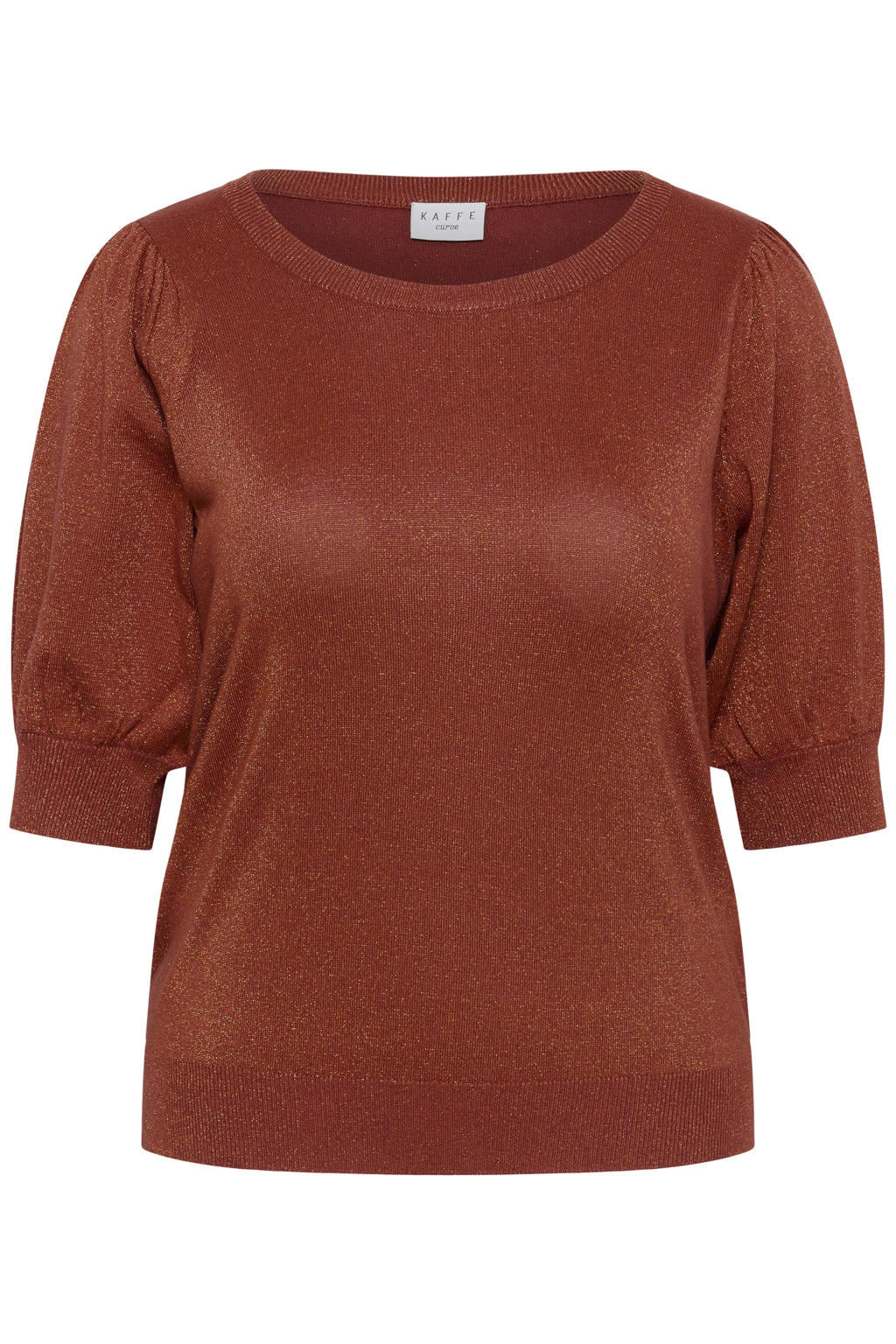 Roodbruine dames Kaffe Curve glitter top bruin van viscose met effen, half lange mouwen, ronde hals en geribde boorden