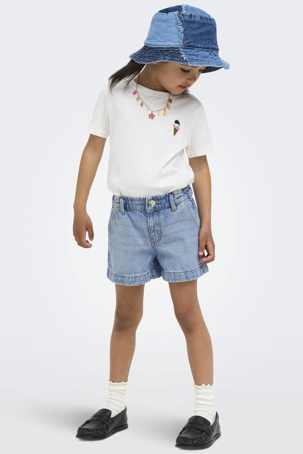 Light blue denim meisjes KIDS ONLY MINI wide leg short van denim met rits- en haaksluiting en effen